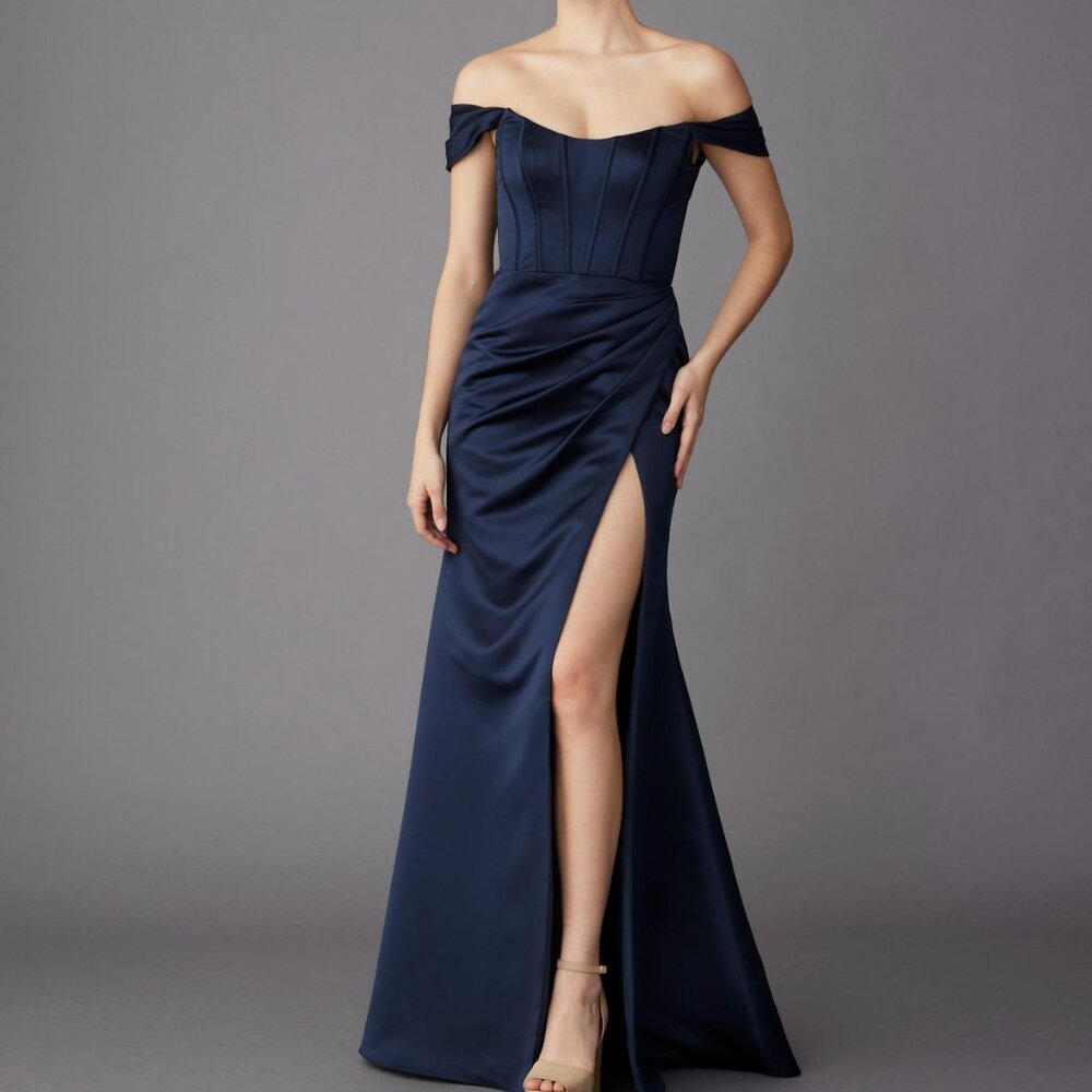 Blue Off-Shoulder Slit Gown for Prom